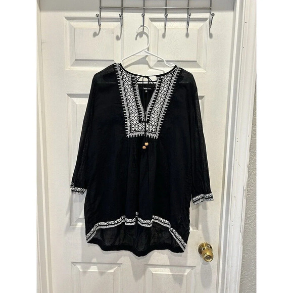 Relativity Black‎ And White Peasant Boho Blouse Embroidered Women’s Large - Picture 1 of 7